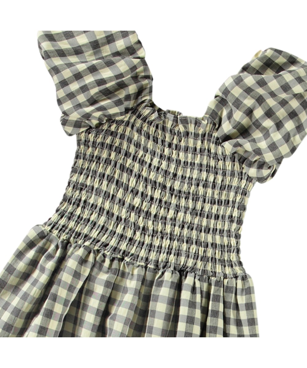 Cherisla - Sun Check - Checked beige and grey knee-length dress for children in organic cotton with a square neckline.