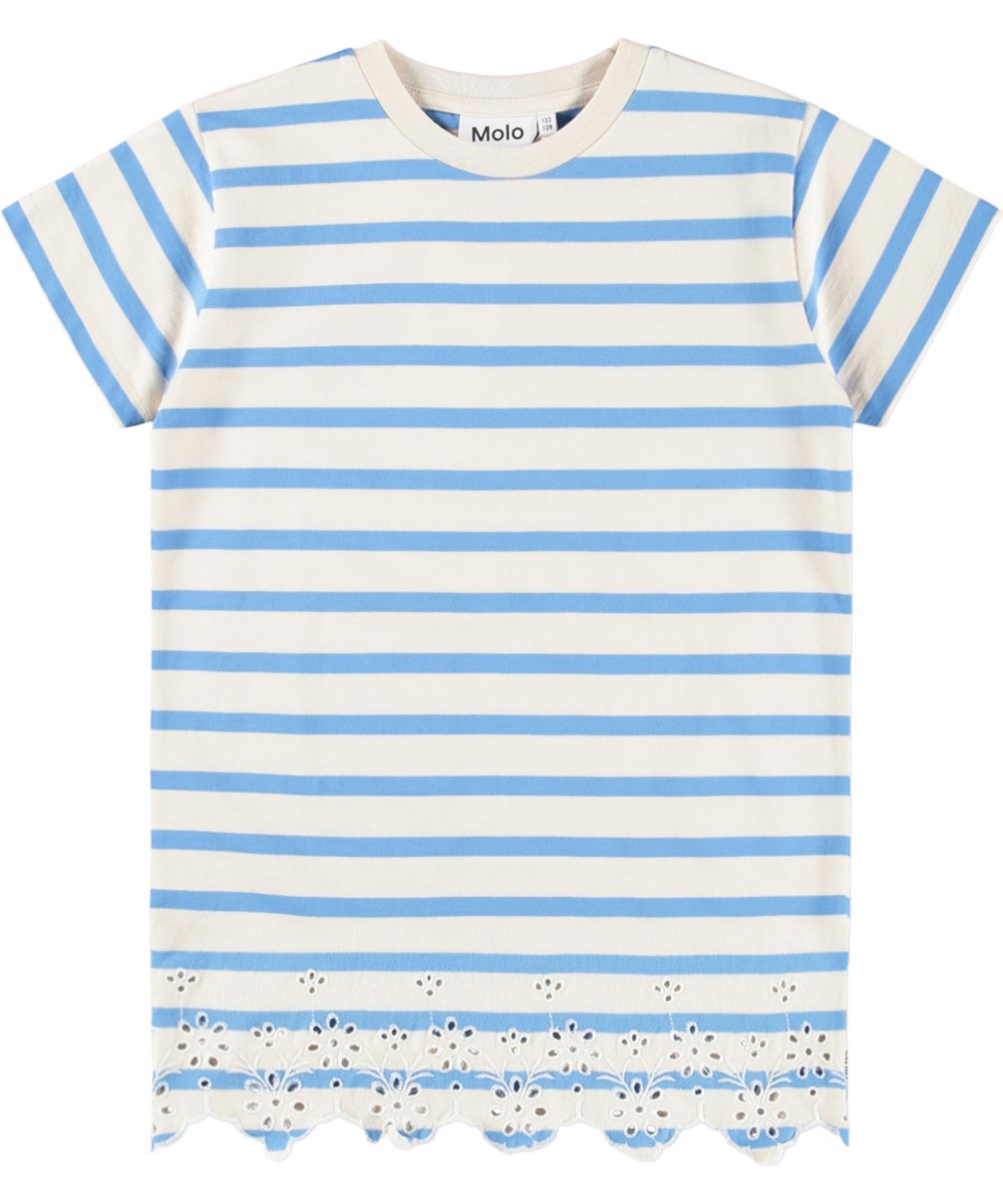 Cherry - Fresh Stripe - Blue and off-white T-shirt dress for children made of organic cotton with broderie anglaise