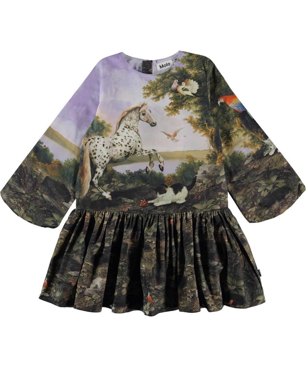 Cherry - Poetic Landscape - Organic dress with a print of horses and nature 