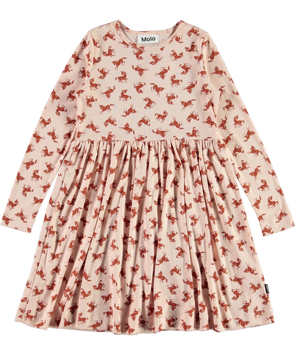 Cheyanne - Mini Horse Jersey - Pink organic dress with horse print 