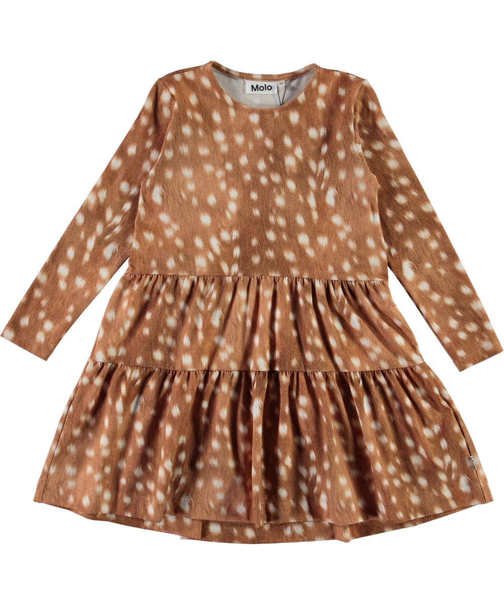 Chia - Baby Fawns - Brown organic dress with white spots and collar 