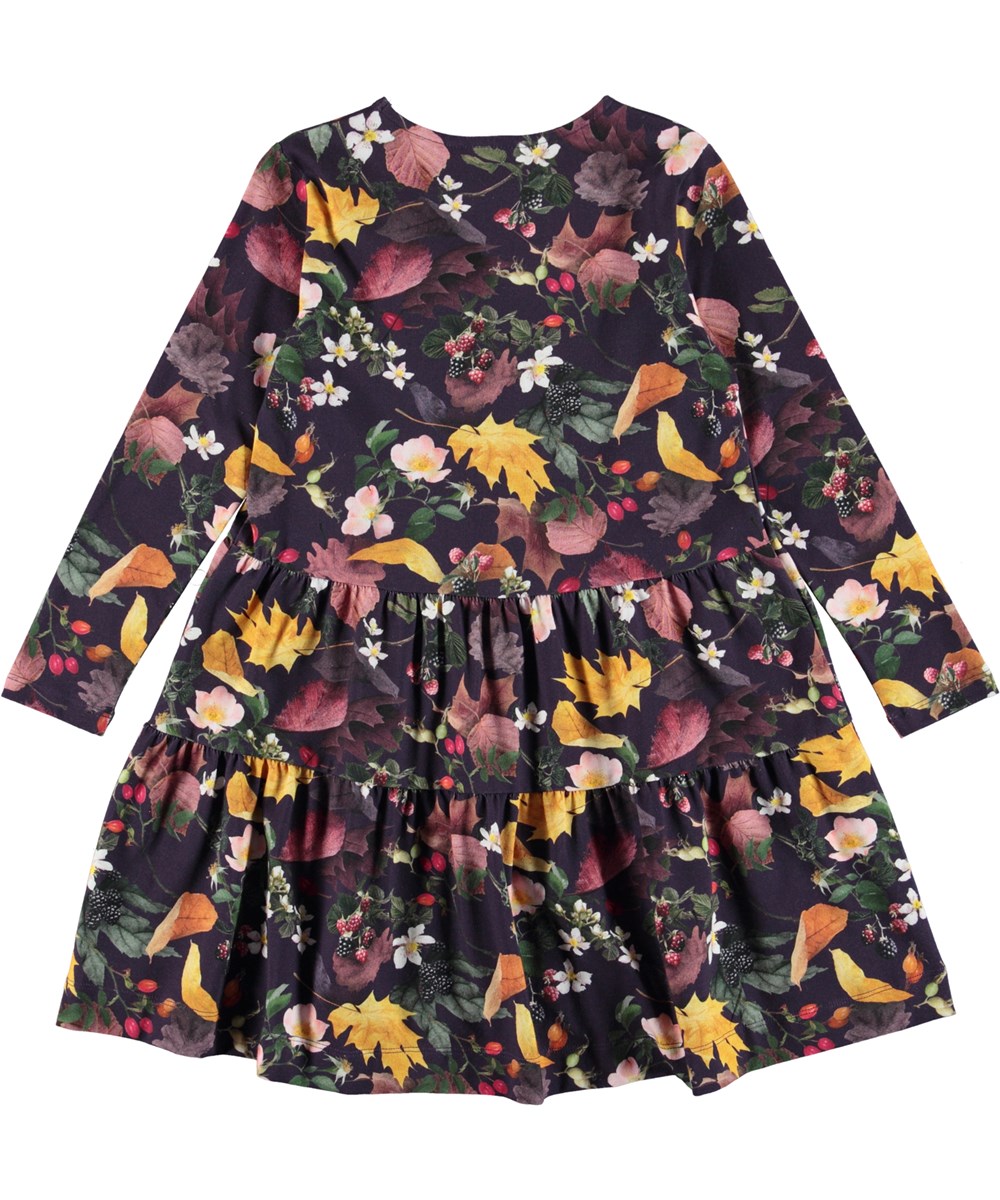 Chia - Berry Picking - Dark purple organic dress with a print of berries and leaves 