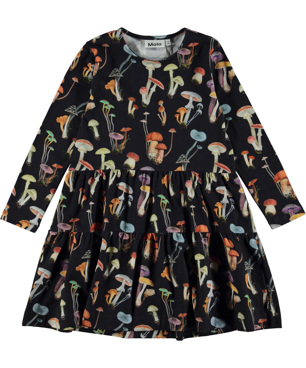 Chia - Fantastic Fungi - Black knee length organic dress in all over mushroom print