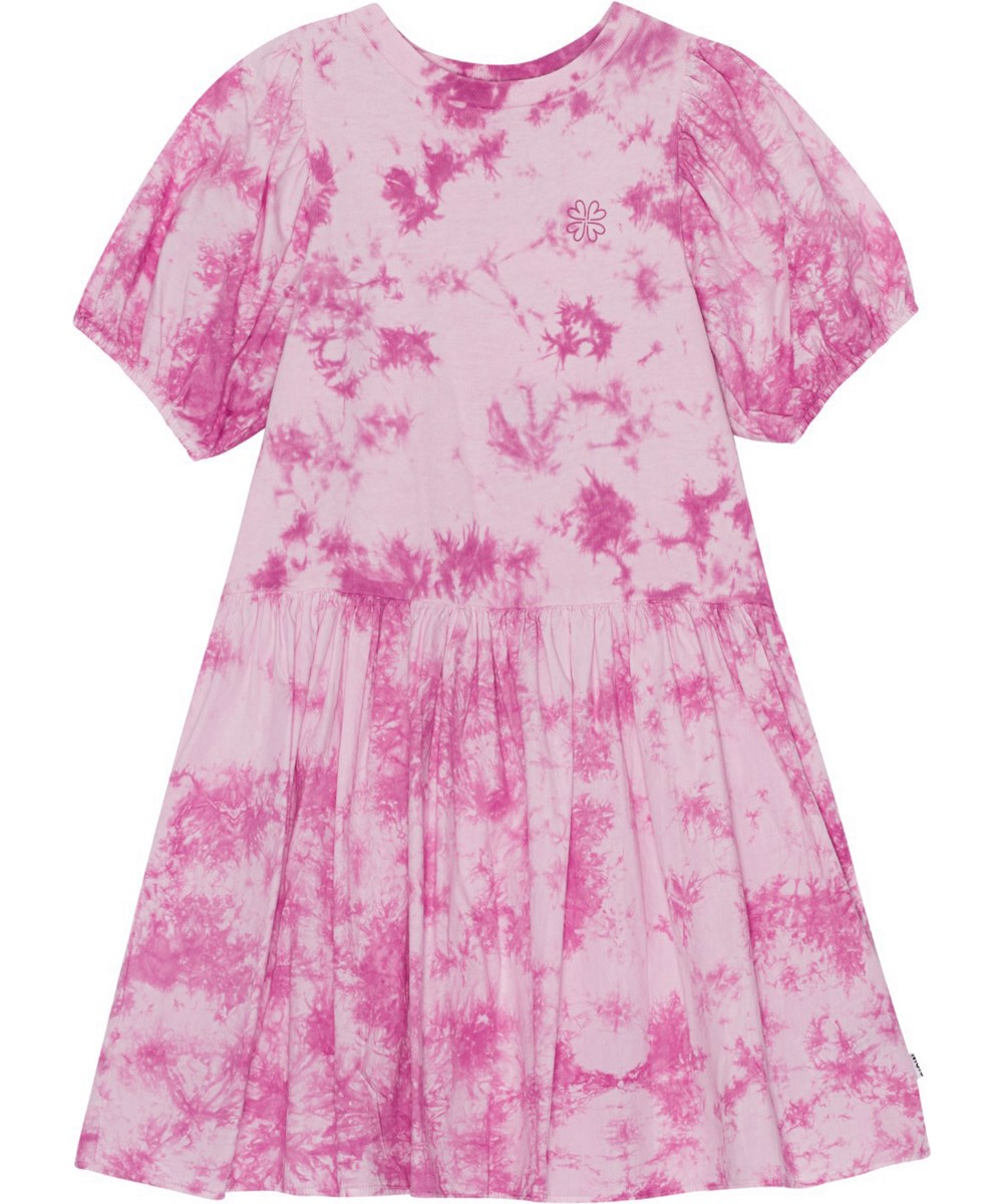 Chikako - Purple Tie Dye - Purple tie-dye dress in organic cotton with puff sleeves 