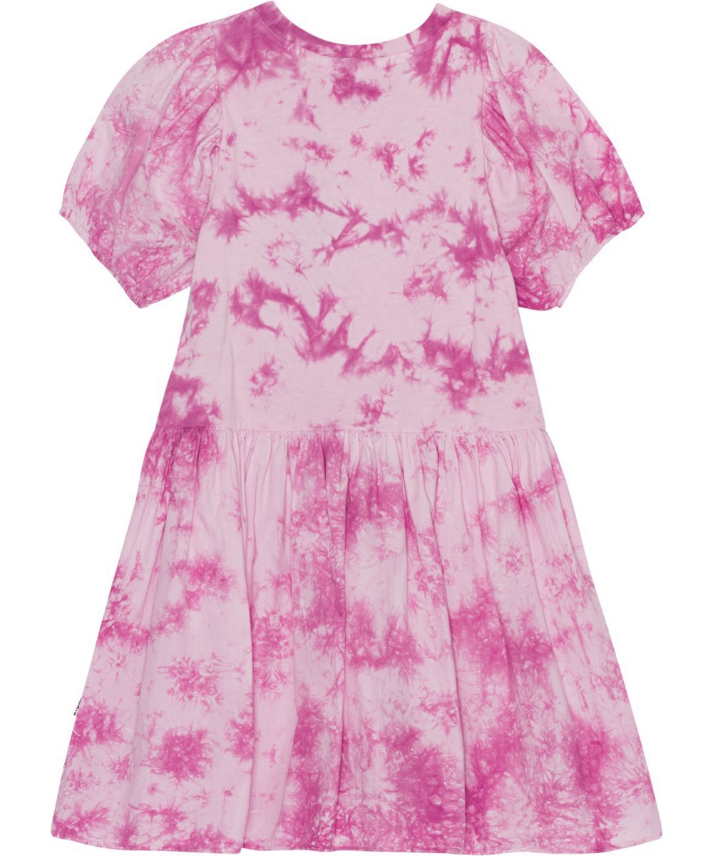 Chikako - Purple Tie Dye - Purple tie-dye dress in organic cotton with puff sleeves 