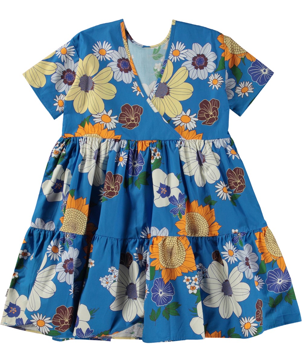 Chilla - Floral Retro - Blue organic knee length dress in all over floral print