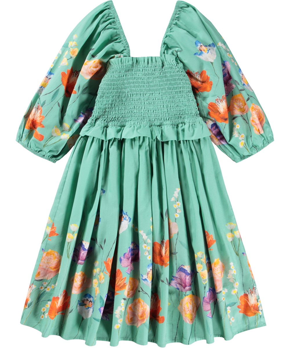 Chipie - Flower Garden - Green dress for children made of organic cotton poplin with a flower print.