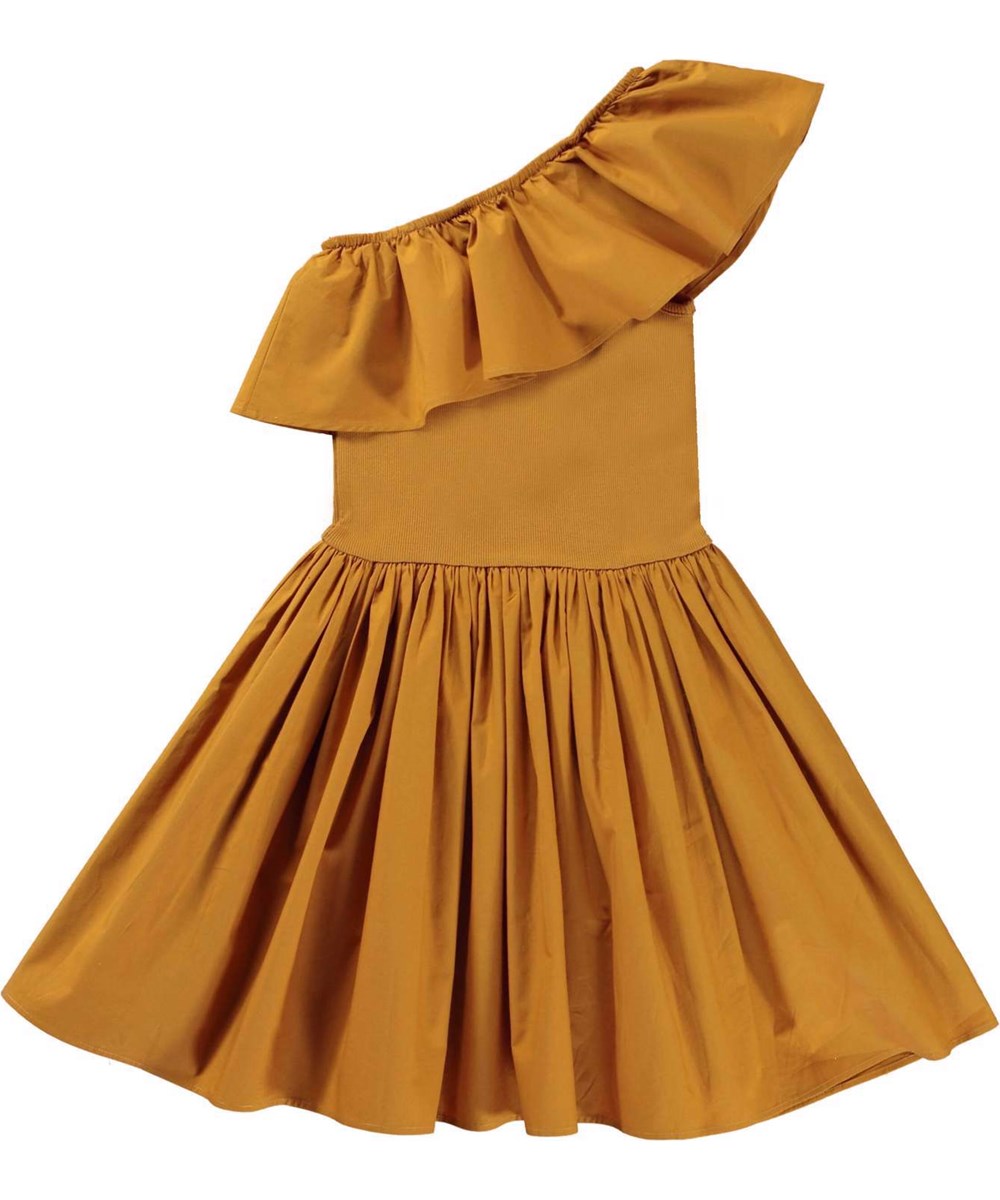 Chloey - Almond - Brown organic,  asymmetrical dress with ruffle edge