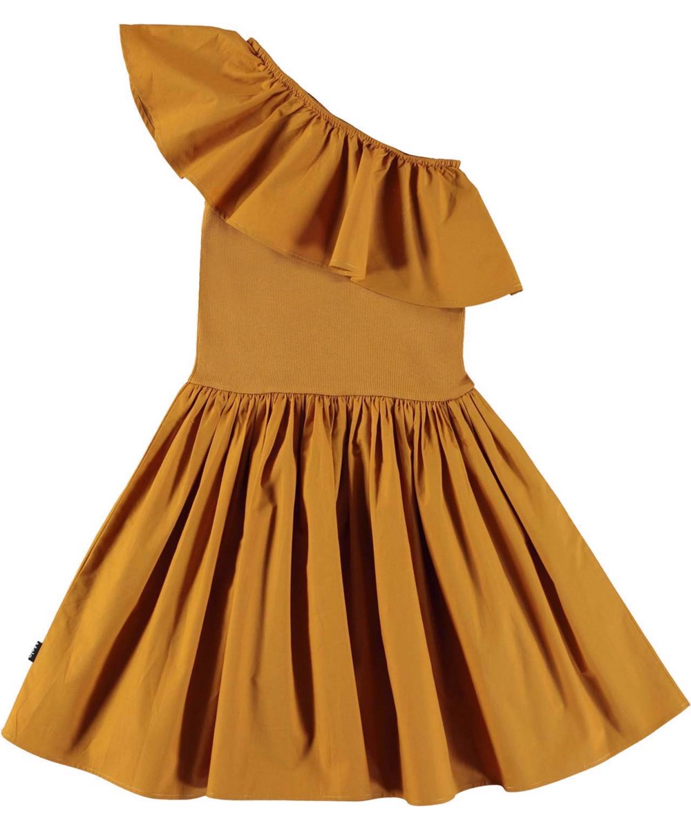 Chloey - Almond - Brown organic,  asymmetrical dress with ruffle edge