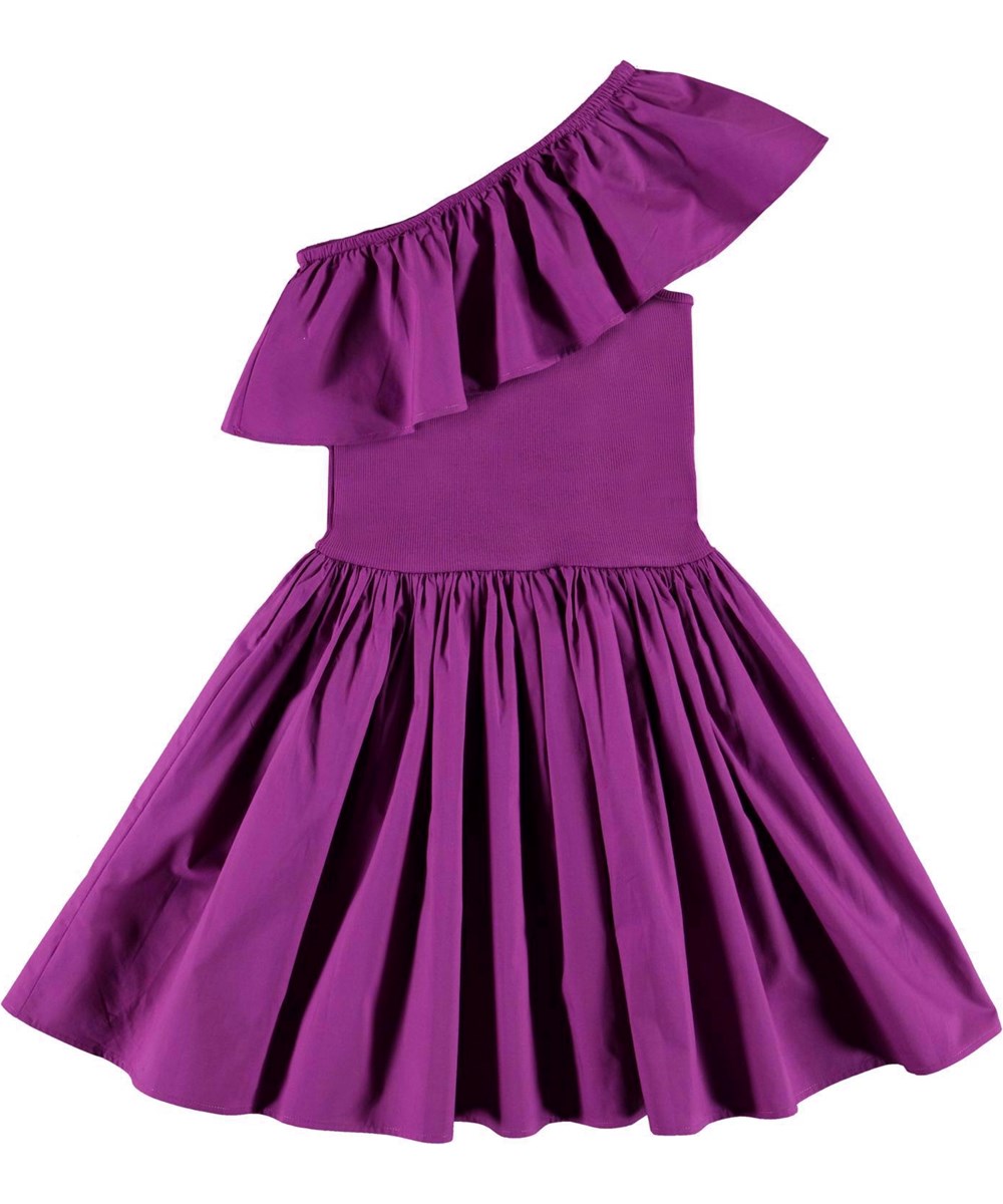 Chloey - Grape - Purple organic,  asymmetrical dress with ruffle edge