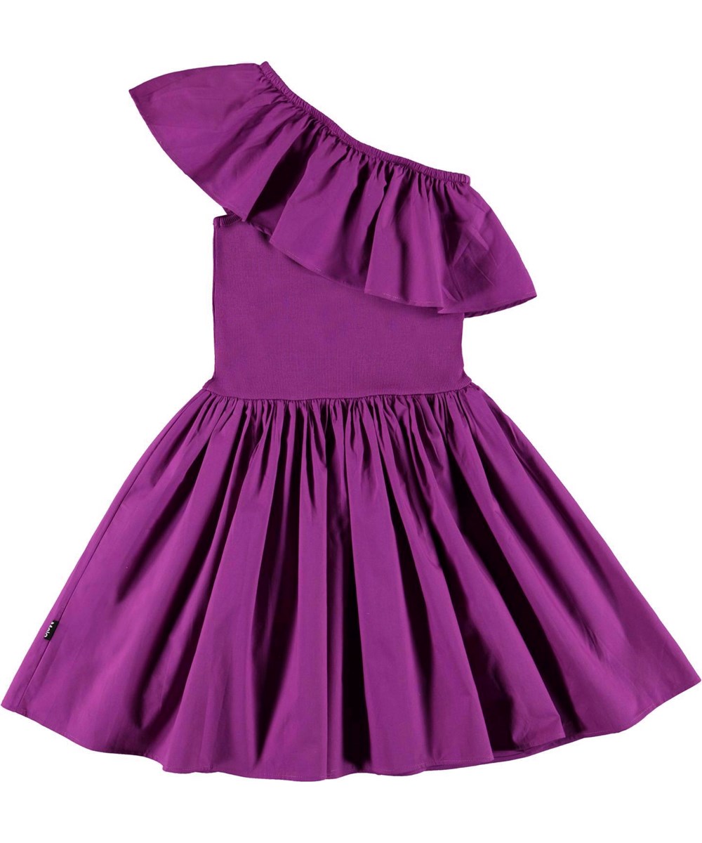 Chloey - Grape - Purple organic,  asymmetrical dress with ruffle edge