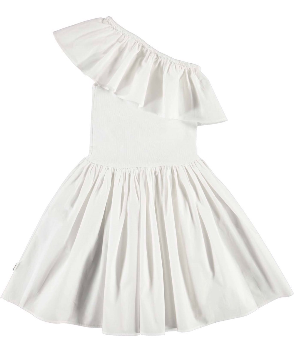 Chloey - White - White organic,  asymmetrical dress with ruffle edge