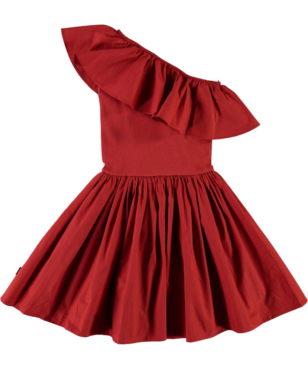 Chloey - Bossa Nova - Red, asymmetric, organic dress with ruffle 