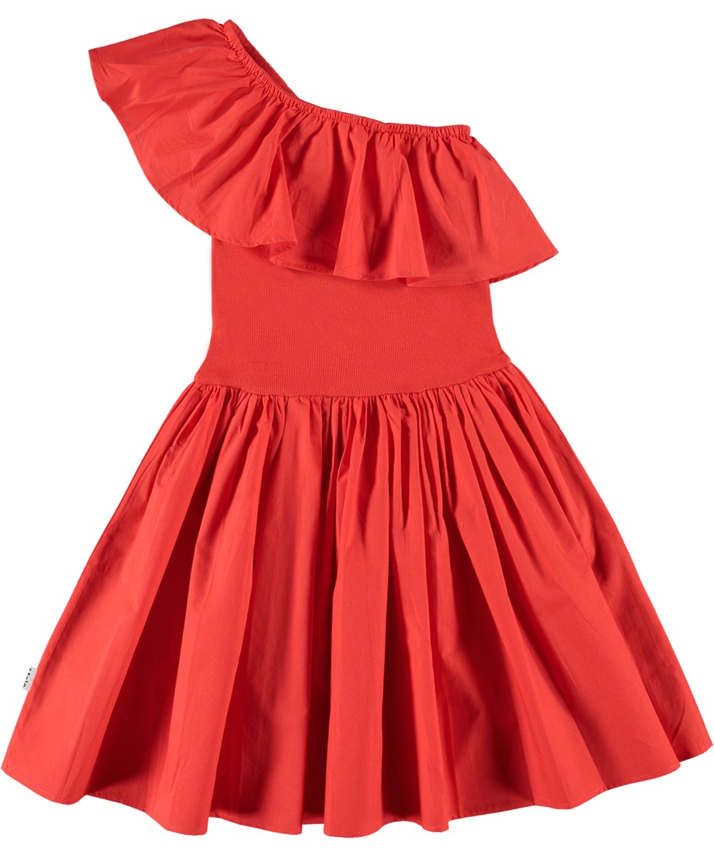 Chloey - Apple Red - Red, organic, one shoulder dress with circular skirt