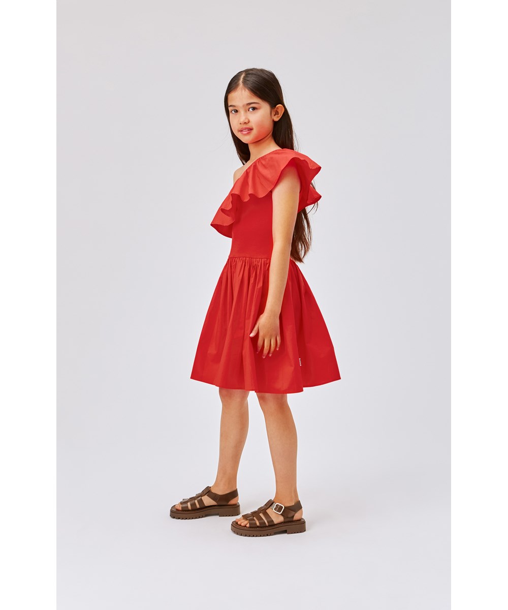 Chloey - Apple Red - Red, organic, one shoulder dress with circular skirt