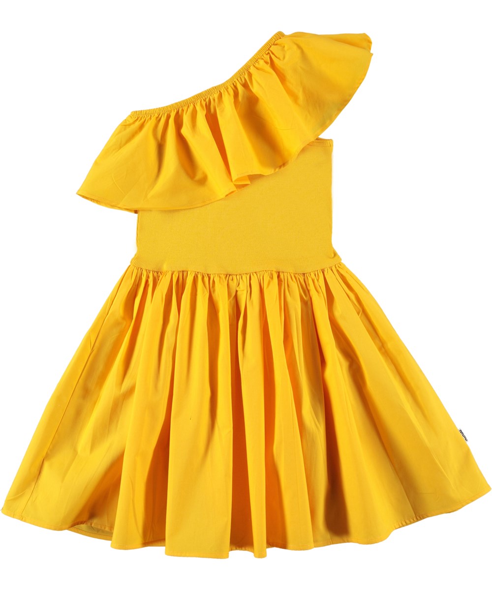 Chloey - Sun Power - Sunny yellow, organic, one shoulder dress with circular skirt