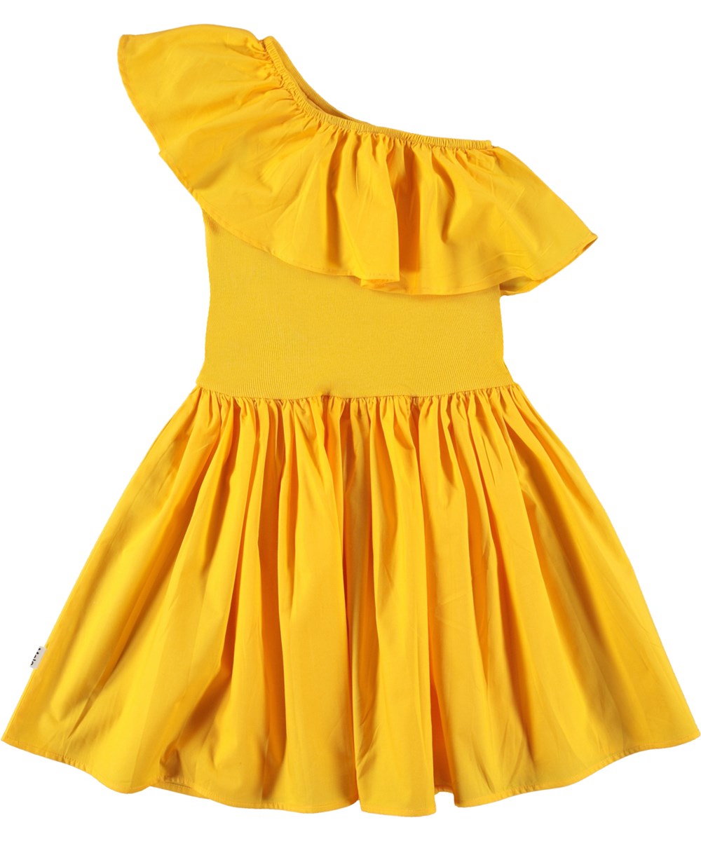 Chloey - Sun Power - Sunny yellow, organic, one shoulder dress with circular skirt