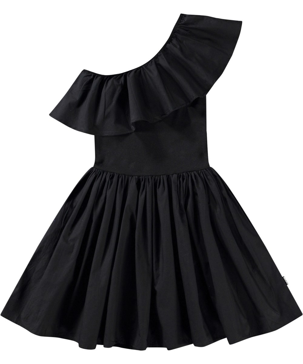 Chloey - Black - Black one-shoulder dress in organic cotton with a wide poplin ruffle.