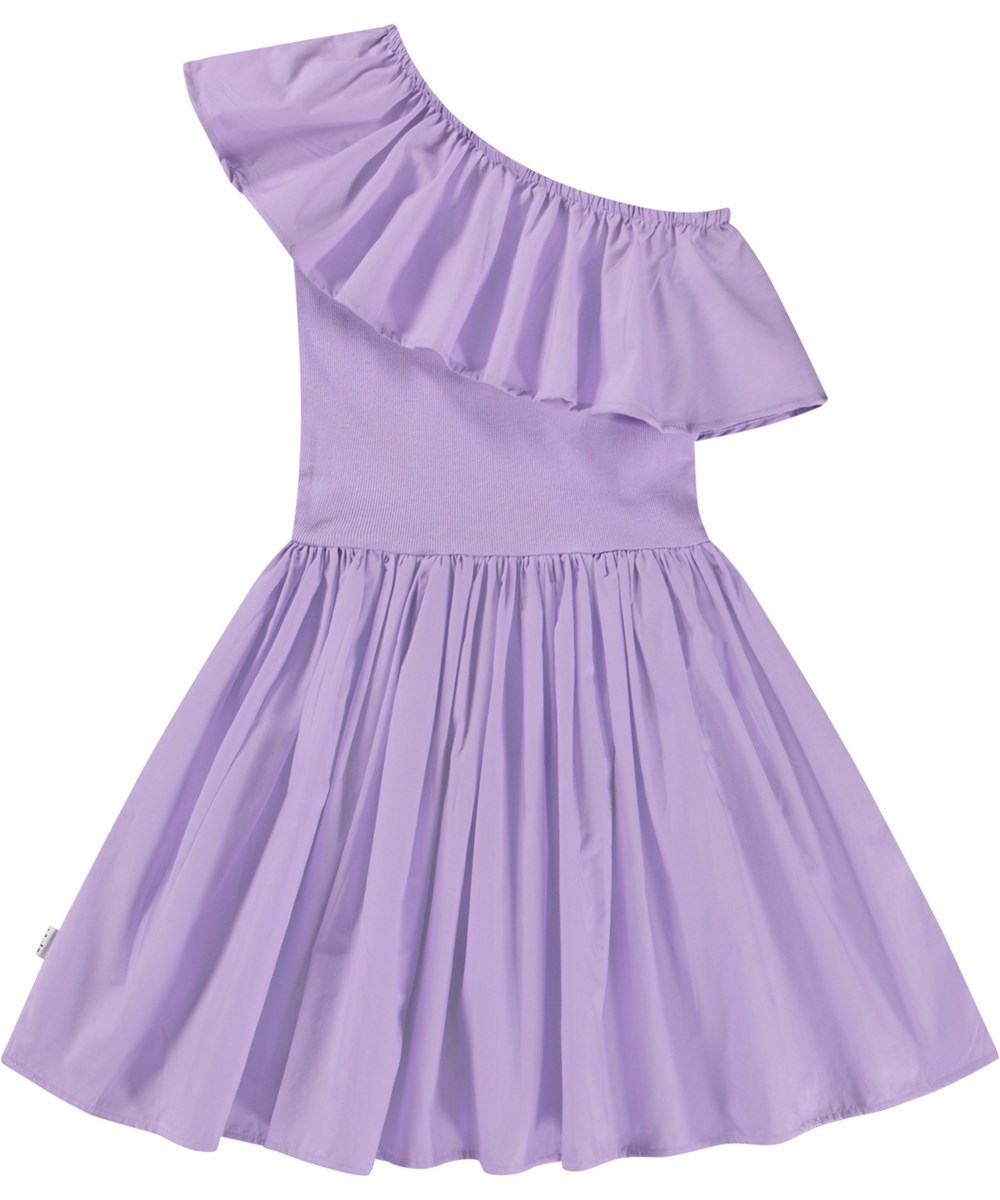 Chloey - Violaceous - Purple one-shoulder dress in organic cotton with a wide poplin ruffle.