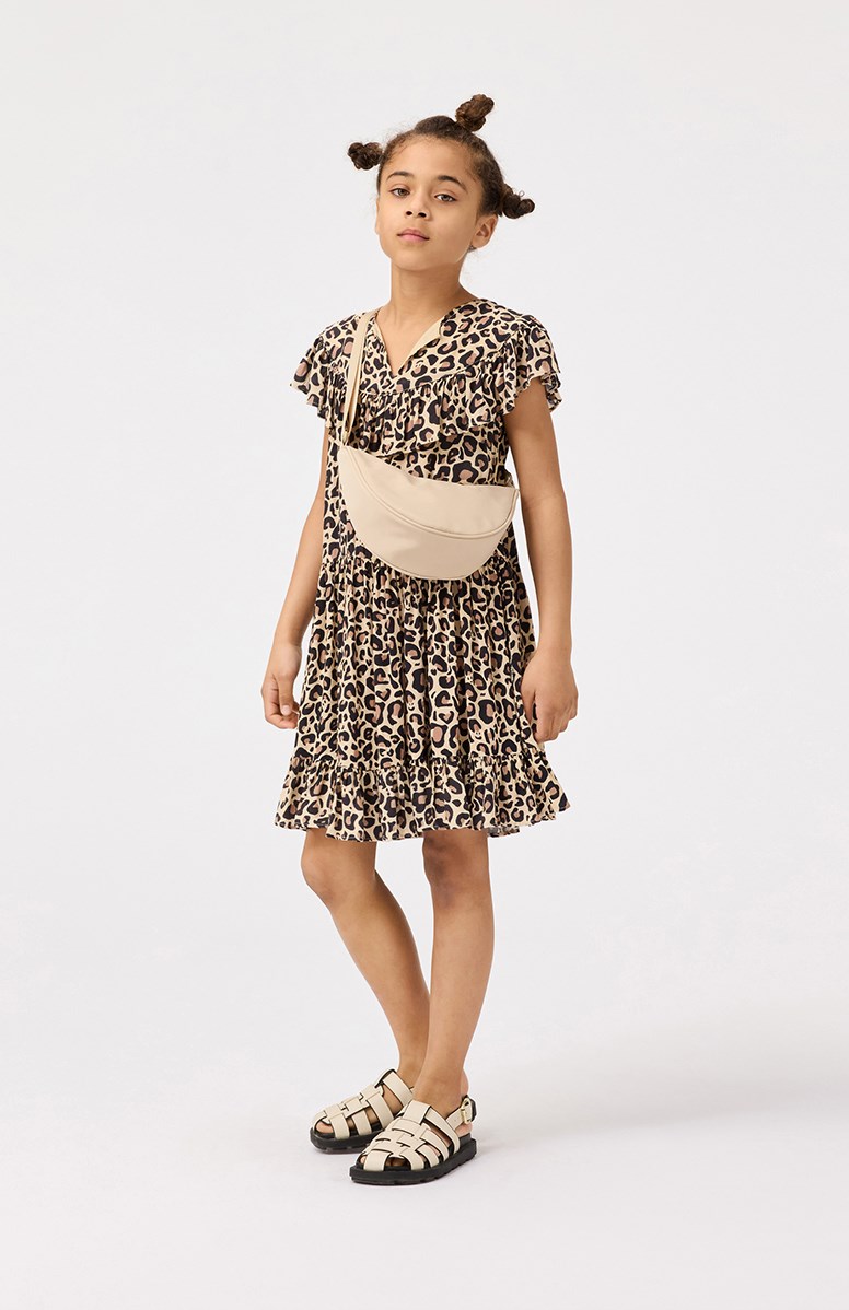 Cho - Jaguar Melon - Leopard print knee-length dress for children in viscose with a round neckline and v-cut at the front.