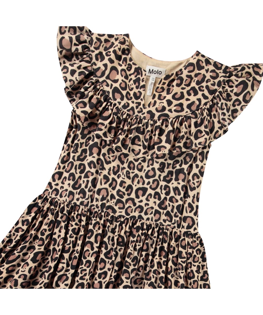 Cho - Jaguar Melon - Leopard print knee-length dress for children in viscose with a round neckline and v-cut at the front.