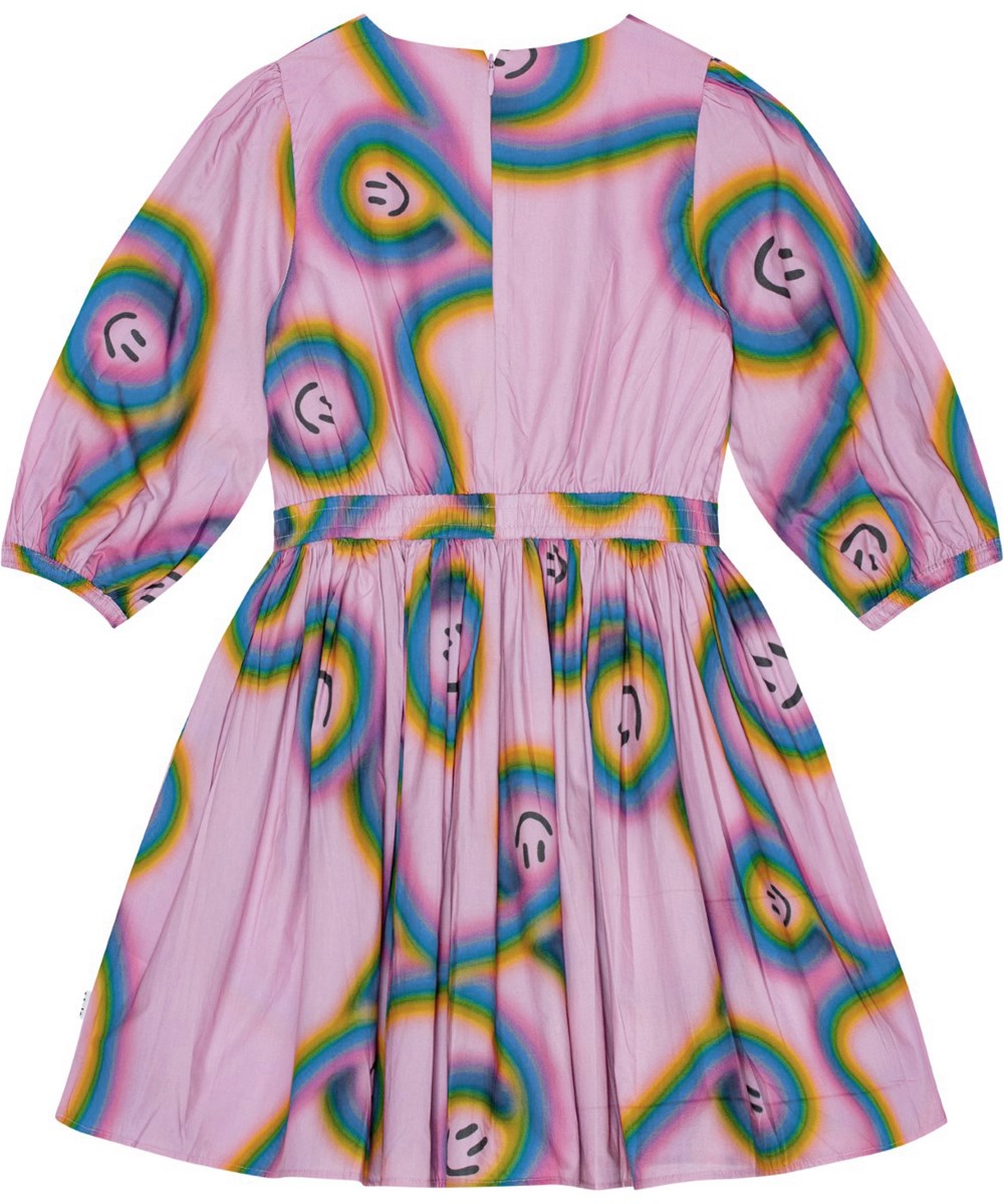 Choly - Accelerating Smiles - Pink knee-length dress in organic cotton with floating rainbow print.