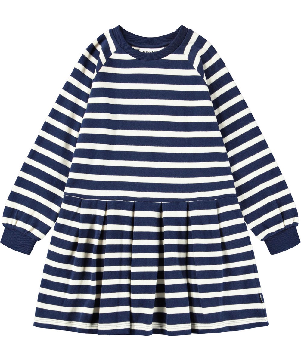Christa - Blue Cream - Long-sleeved sweatshirt dress for children made of organic cotton with Breton blue and white stripes.