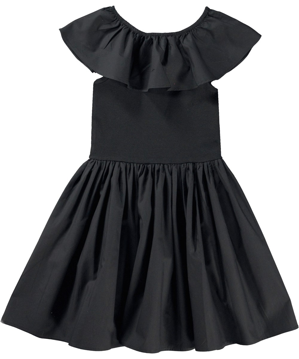 Christal - Black - Black dress in organic cotton with circular skirt and collar 