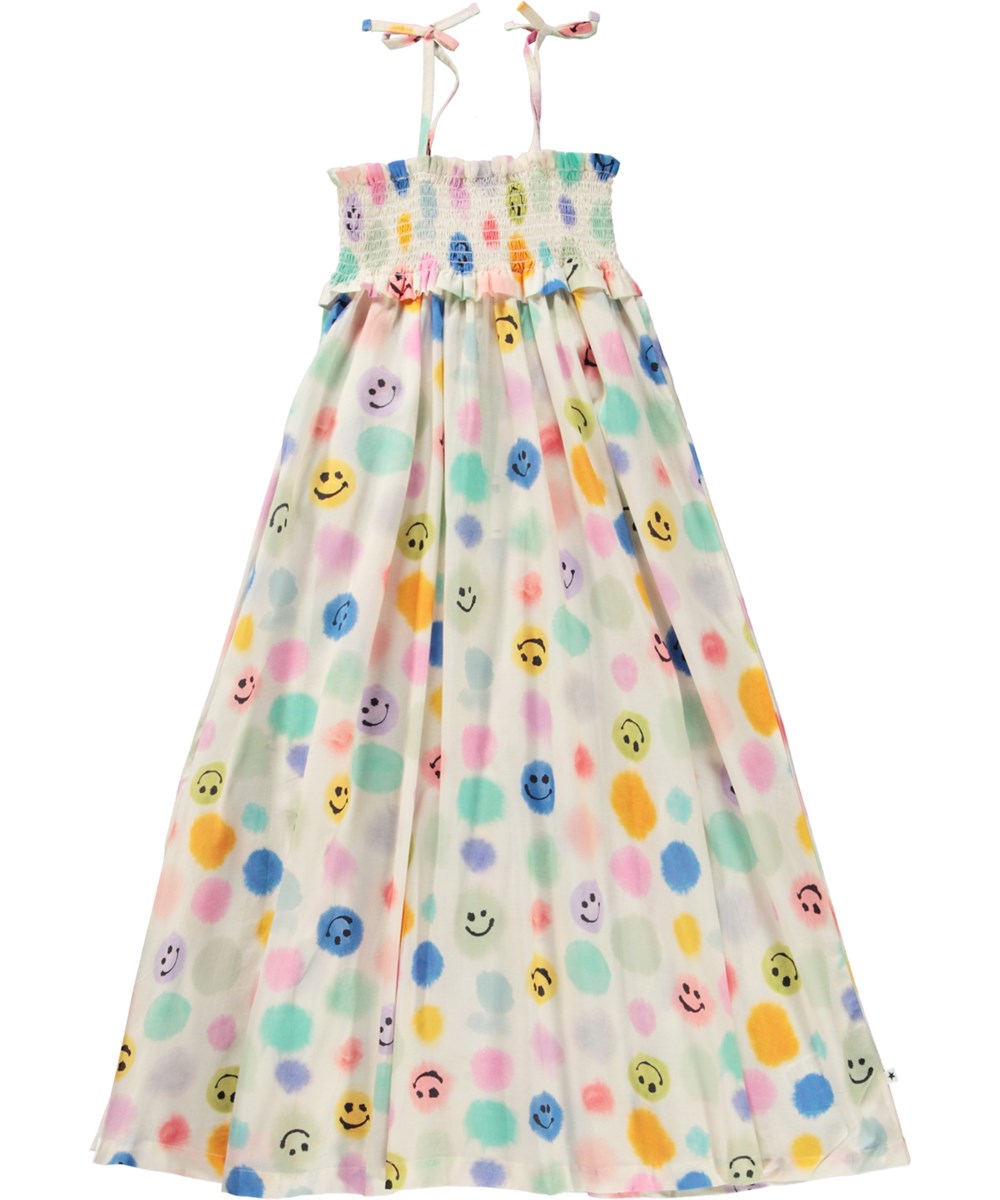 Chrystal - Painted  Dots - Long sundress in organic cotton with smiling faces print 