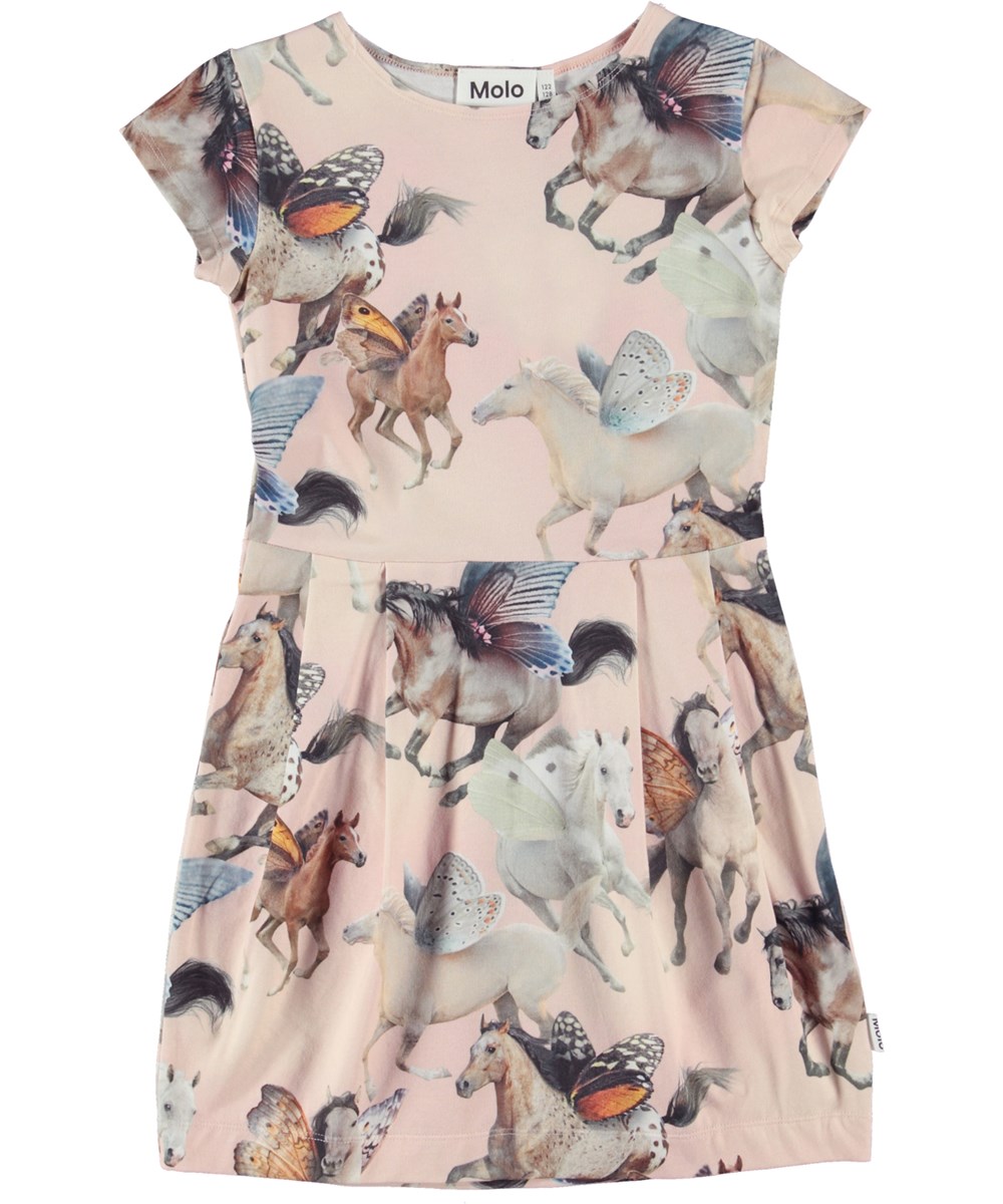 Cia - Fairy Horses - Powder coloured organic dress with pleats and flying horse print 