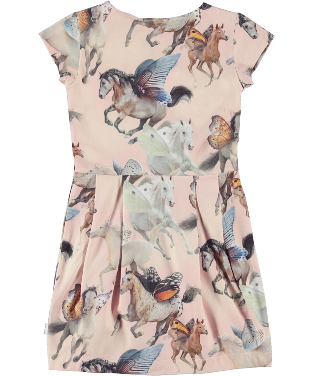 Cia - Fairy Horses - Powder coloured organic dress with pleats and flying horse print 