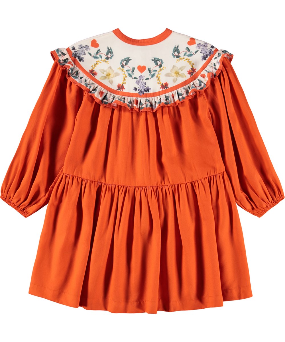 Cibbe - Alpine Flora - Orange knee-length dress for children made of viscose with a print of flowers on the yoke.