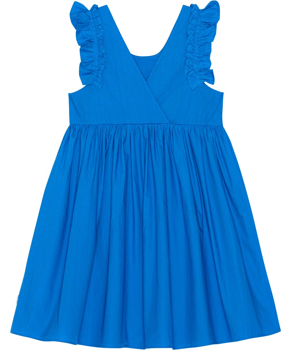 Cicely - Retro Blue - Blue dress in organic cotton with ruffle sleeves 