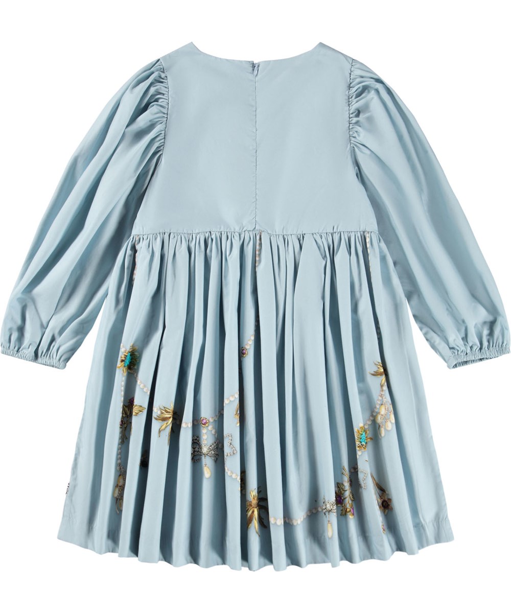 Cilja - Broches - Knee-length light blue dress for children made of organic cotton poplin with a print of jewelry.
