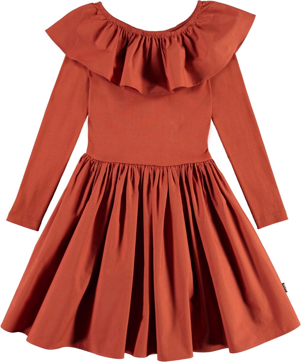 Cille - Burnt Brick - Brown organic dress with ruffle collar