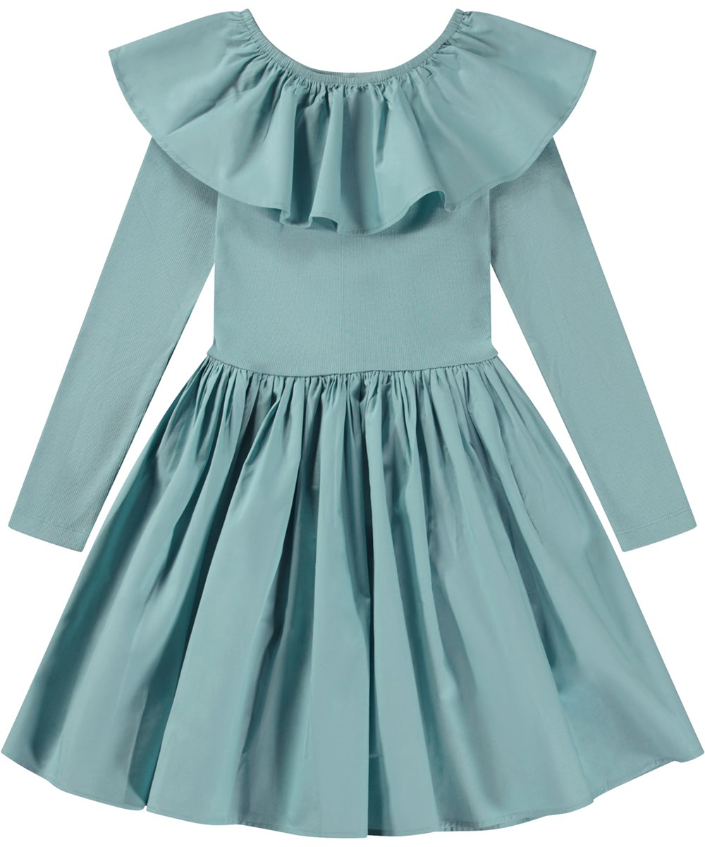 Cille - Calm - Light blue organic knee length dress with poplin collar and skirt 