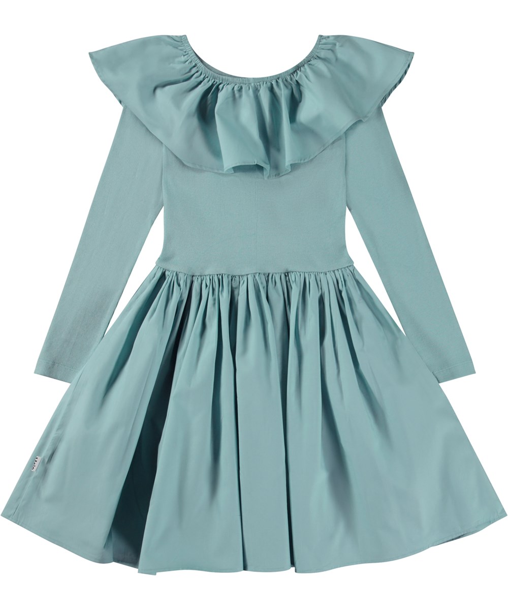 Cille - Calm - Light blue organic knee length dress with poplin collar and skirt 