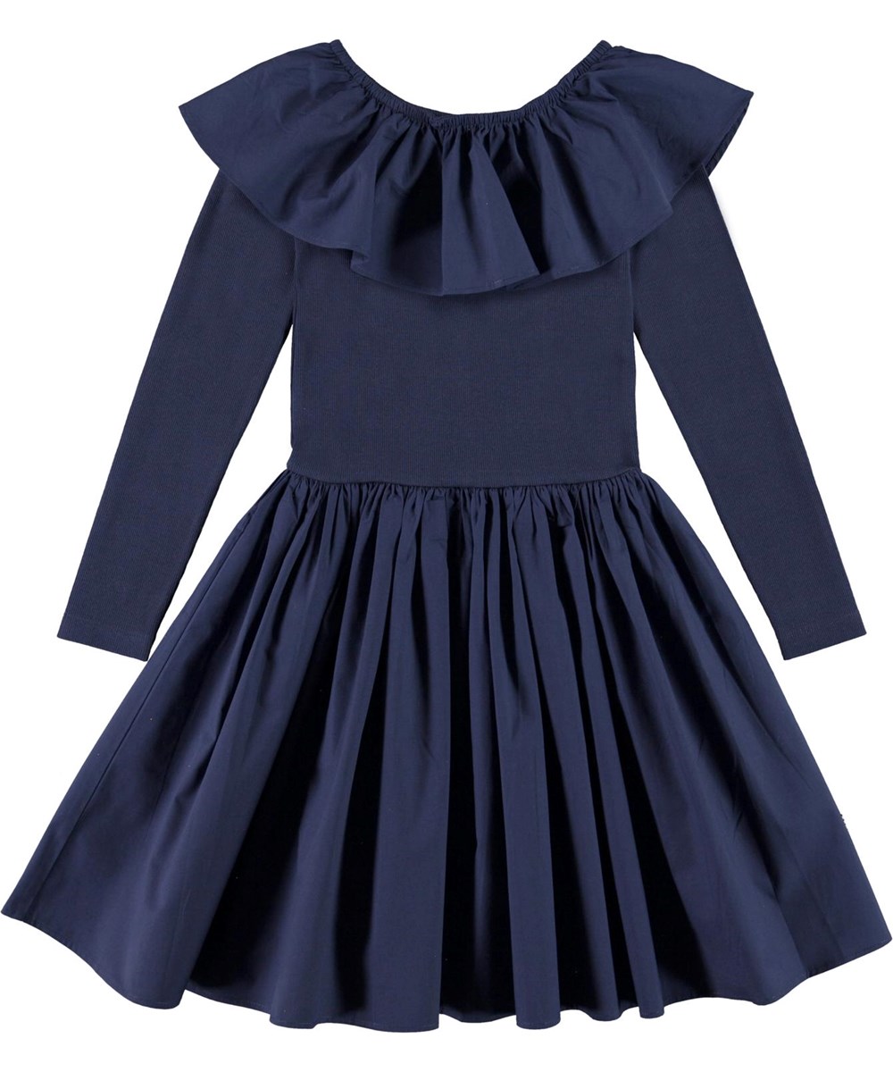 Cille - Peacoat - Blue organic dress with large ruffle collar 