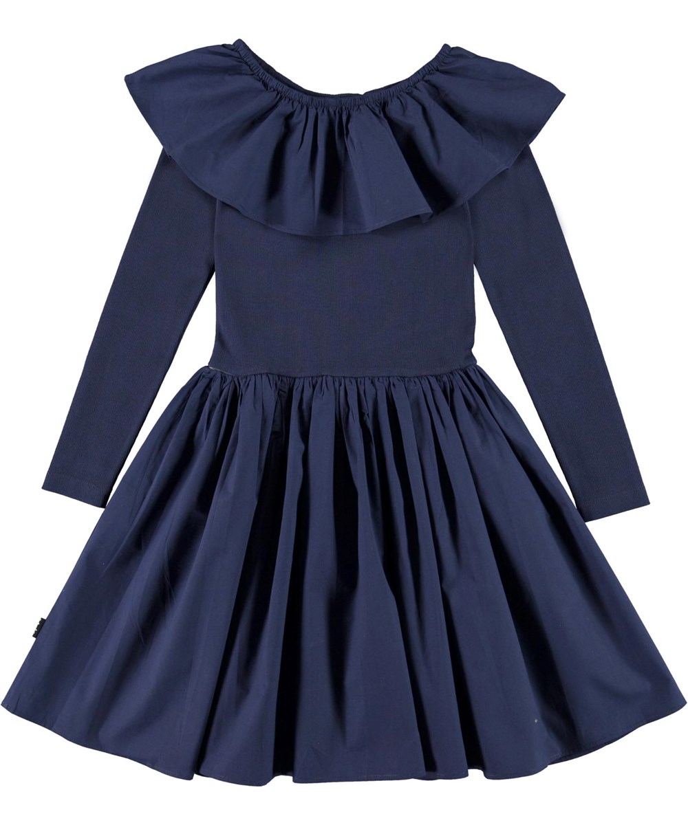 Cille - Peacoat - Blue organic dress with large ruffle collar 