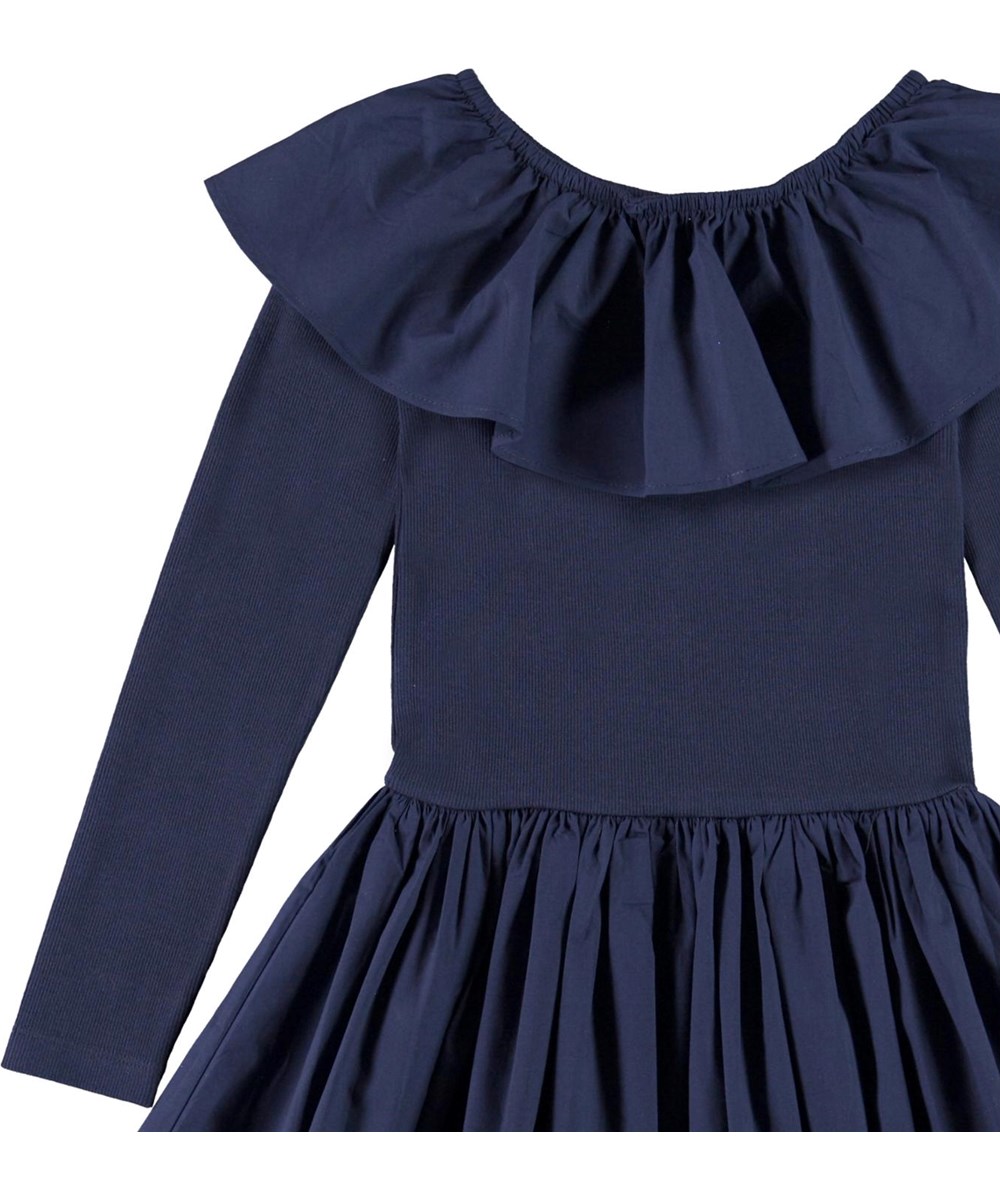Cille - Peacoat - Blue organic dress with large ruffle collar 