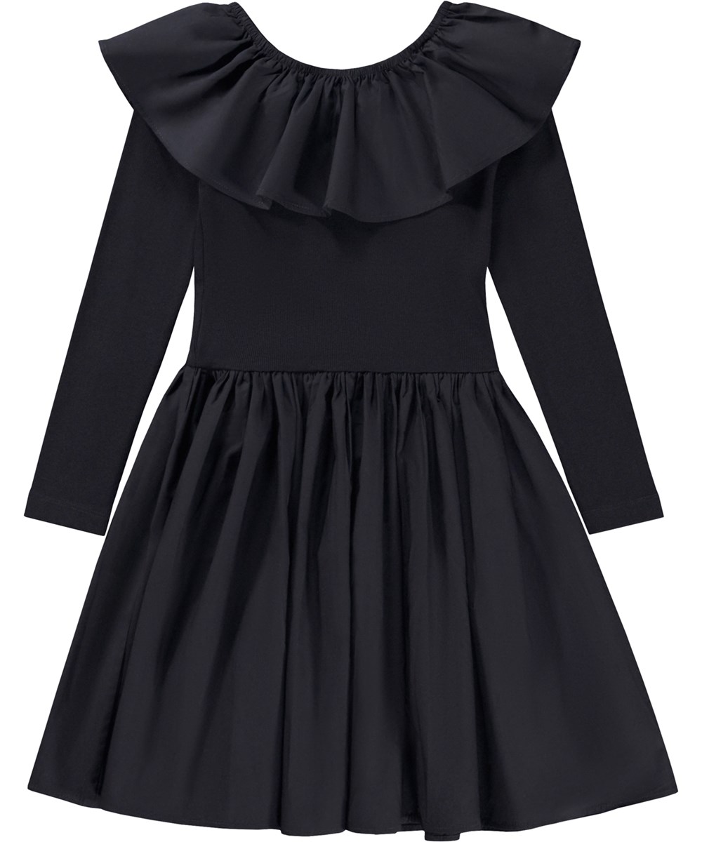 Cille - Purple Black - Black organic knee length dress with poplin collar and skirt