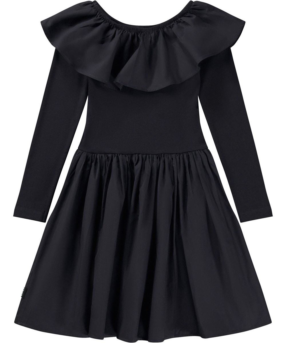Cille - Purple Black - Black organic knee length dress with poplin collar and skirt