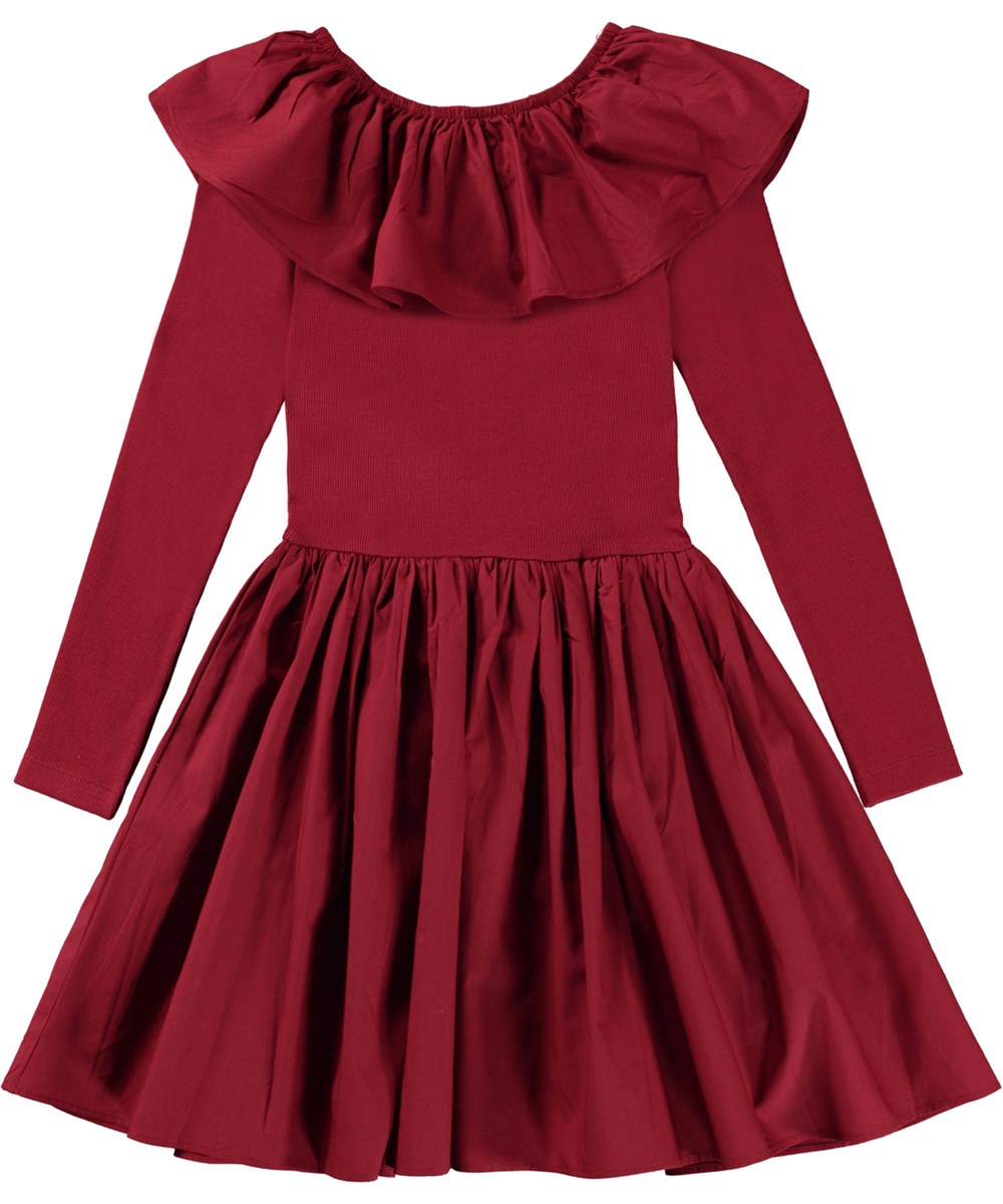 Cille - Velvety - Dark red organic dress with ruffle collar 