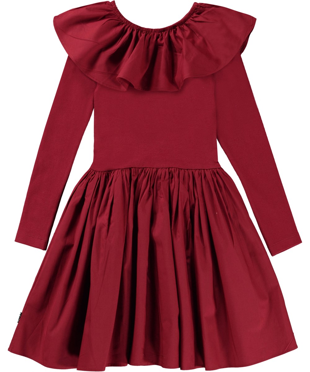 Cille - Velvety - Dark red organic dress with ruffle collar 