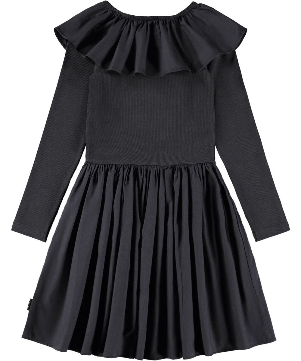 Cille - Black - Black knee-length dress for children made of organic cotton with a fitted jersey top, a voluminous skirt made of cotton poplin and a large poplin collar.