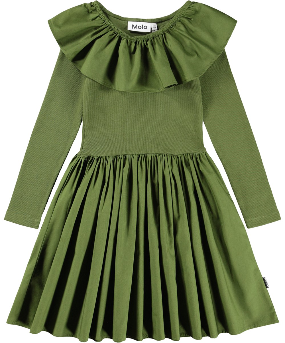 Cille - Evergreen - Green knee-length dress for children made of organic cotton with a fitted jersey top, a voluminous skirt made of cotton poplin and a large poplin collar.