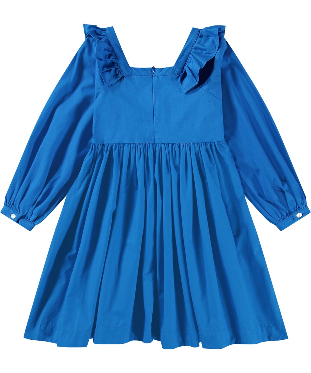 Cillie - Lapis Blue - Blue knee-length dress in organic cotton with square neckline and ruffle edge.