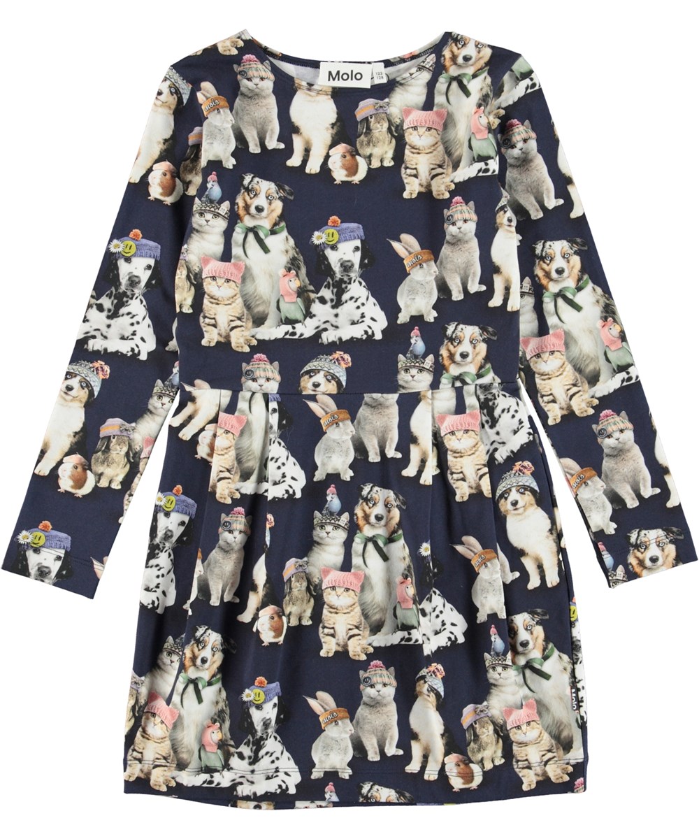 Cindarell - Snow Ready - Blue organic dress with a print of animals with hats 