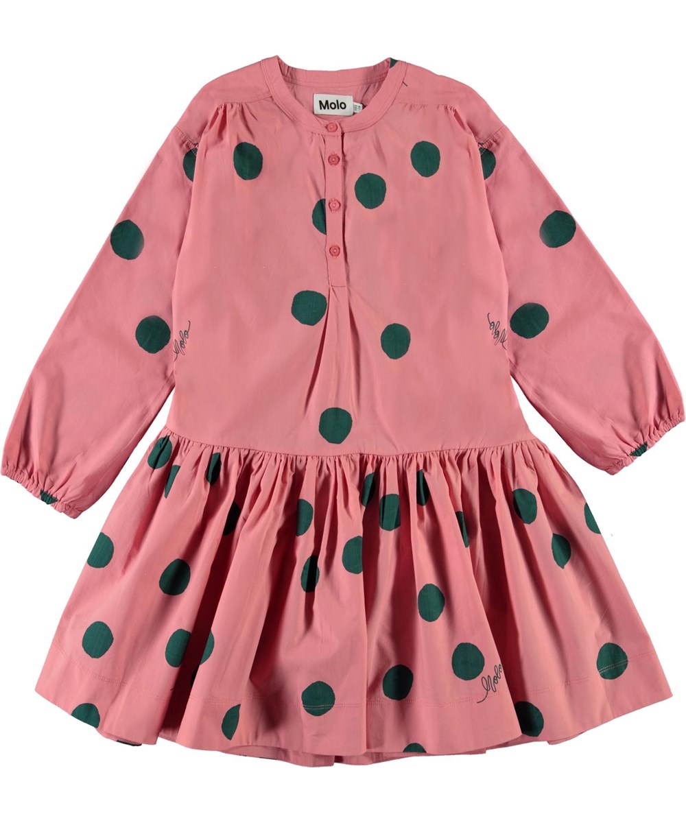 Cinzia - Green Dots - Pink organic dress with green dots 