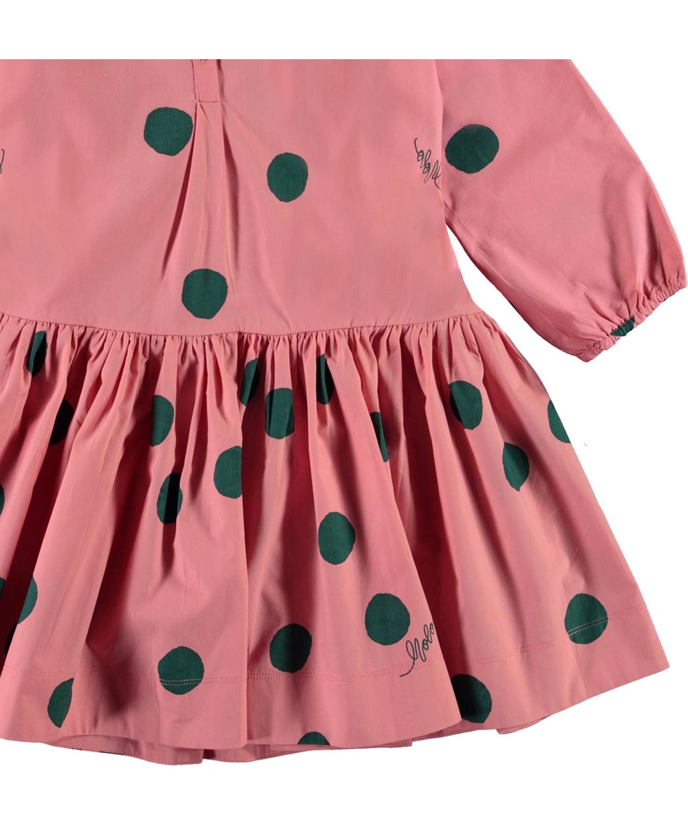Cinzia - Green Dots - Pink organic dress with green dots 